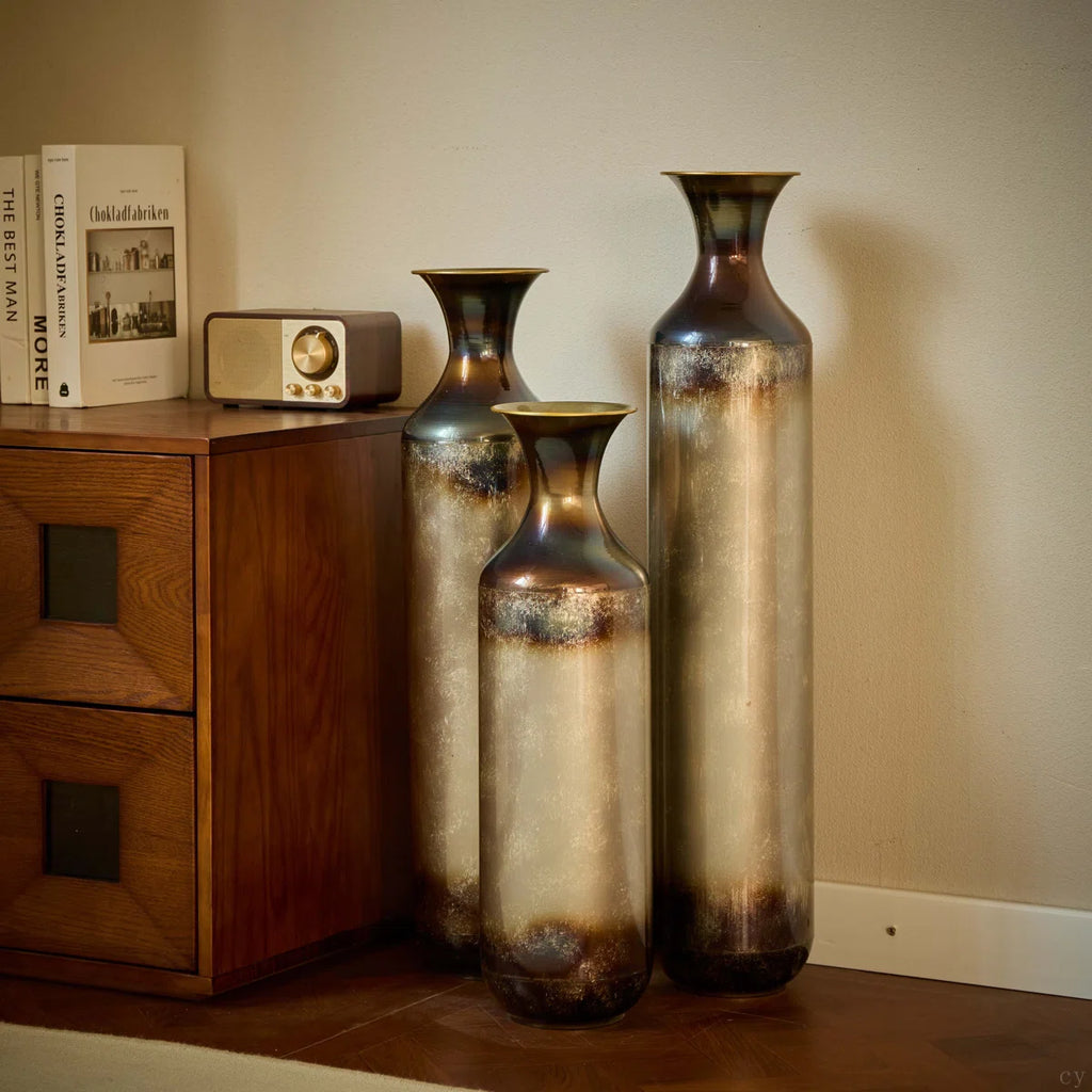 Medhansh Large Floor Vase with Twilight Glaze Finish, Distressed Tall Metal Vase, Flower Vase(Set Of 3)