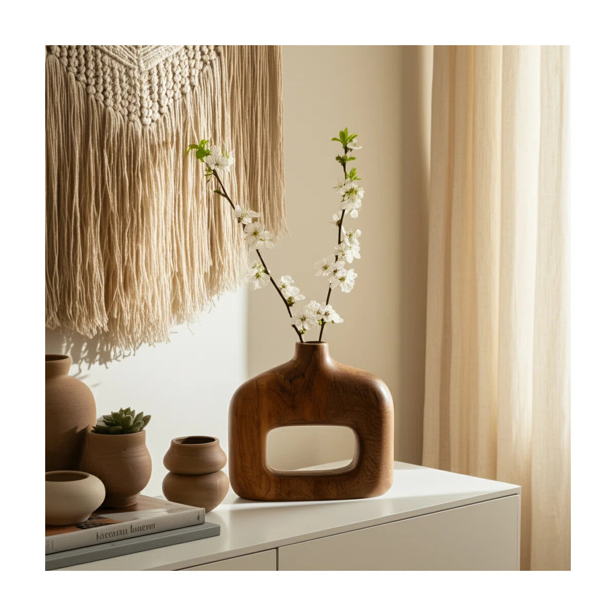 Vase Mango Wood Sculptural Cut-Out Design 8-Inch Natural Brown Boho Home Office Bedroom Living Room Decor