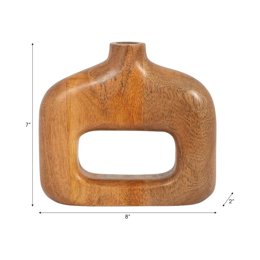 Vase Mango Wood Sculptural Cut-Out Design 8-Inch Natural Brown Boho Home Office Bedroom Living Room Decor