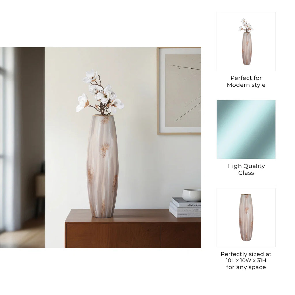 Jocelyn Modern Textured Tall Glass Vase for Home Decor - Decorative Table Flower Vase with Metal Rim for Living Room Styling and Tabletop Display - Tan