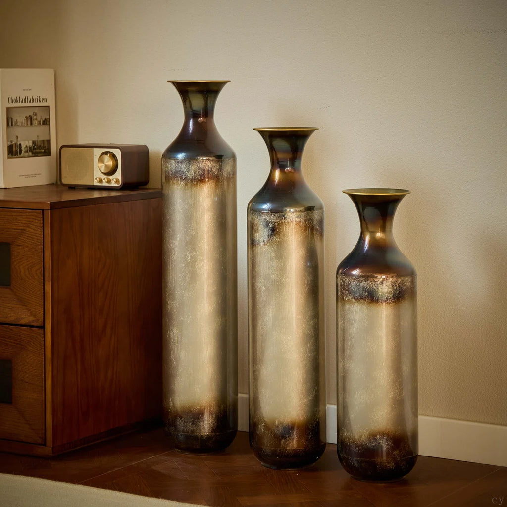 Medhansh Large Floor Vase with Twilight Glaze Finish, Distressed Tall Metal Vase, Flower Vase(Set Of 3)