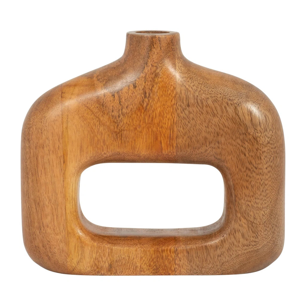 Vase Mango Wood Sculptural Cut-Out Design 8-Inch Natural Brown Boho Home Office Bedroom Living Room Decor