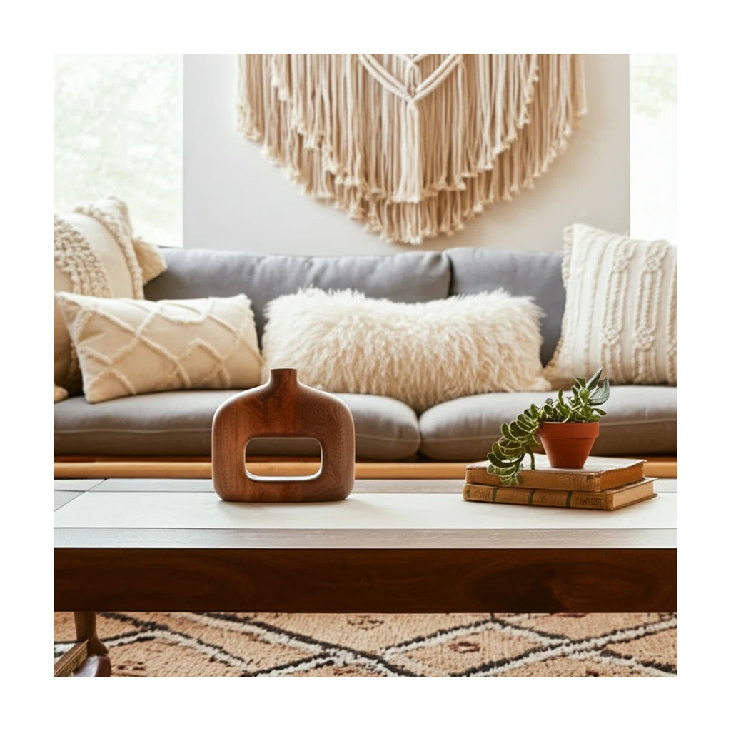 Vase Mango Wood Sculptural Cut-Out Design 8-Inch Natural Brown Boho Home Office Bedroom Living Room Decor