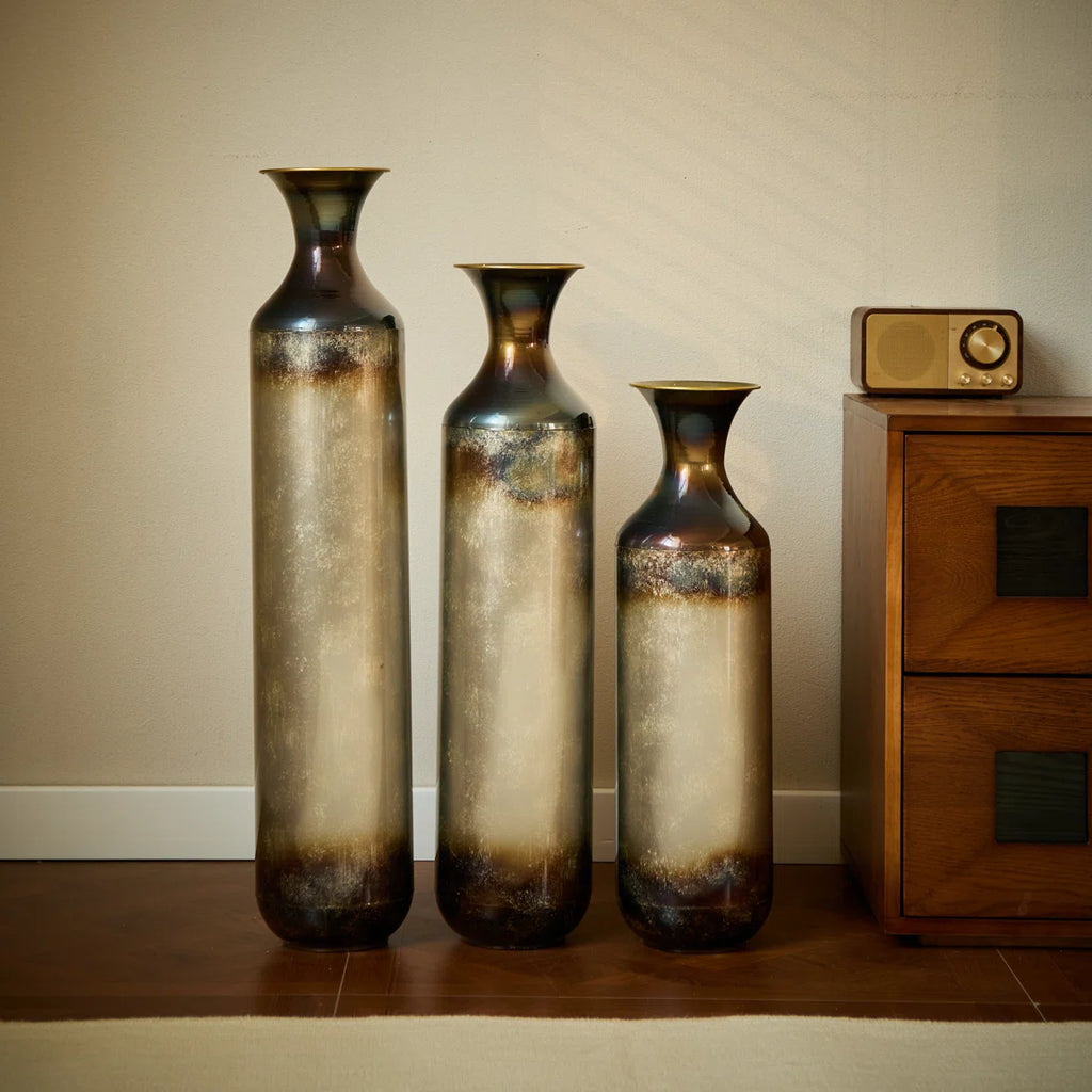 Medhansh Large Floor Vase with Twilight Glaze Finish, Distressed Tall Metal Vase, Flower Vase(Set Of 3)