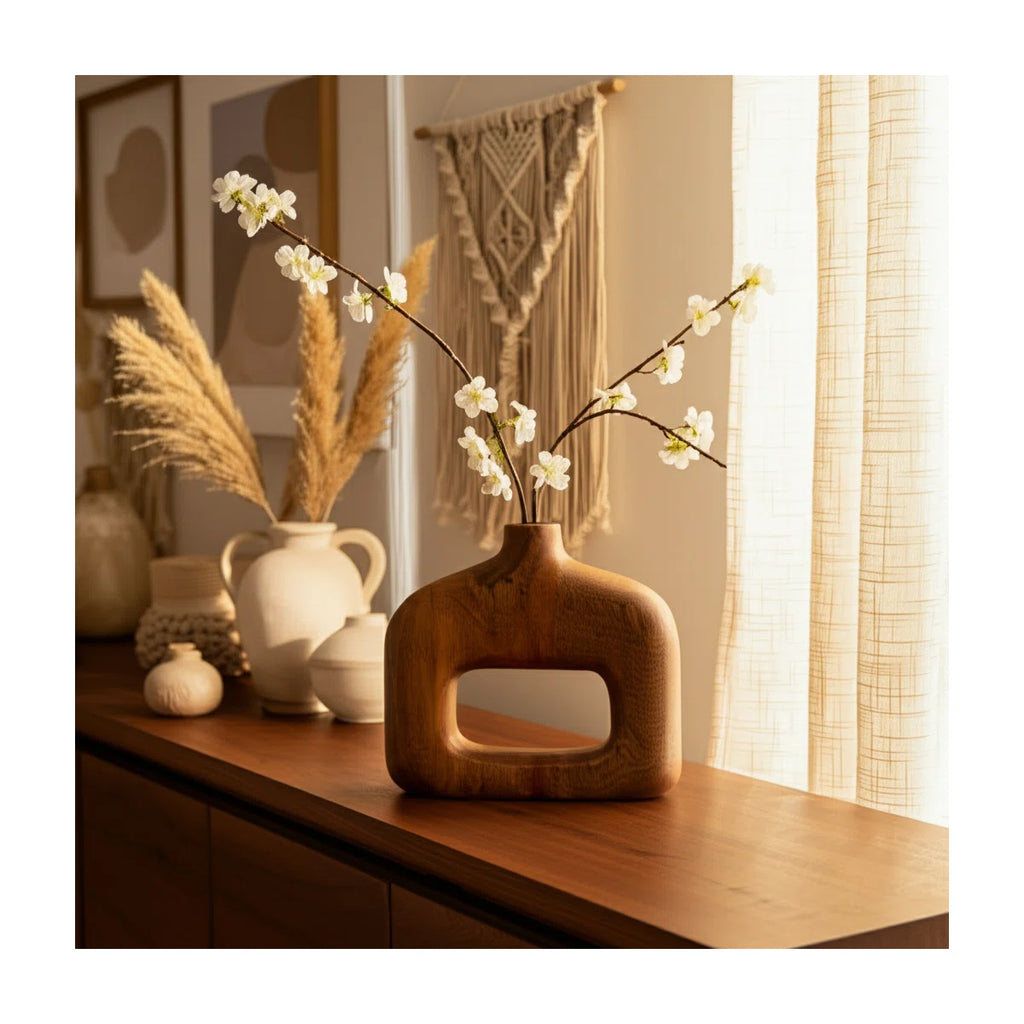 Vase Mango Wood Sculptural Cut-Out Design 8-Inch Natural Brown Boho Home Office Bedroom Living Room Decor